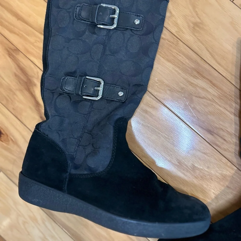 Coach Black Signature Patterned Suede Winter Lined Boots